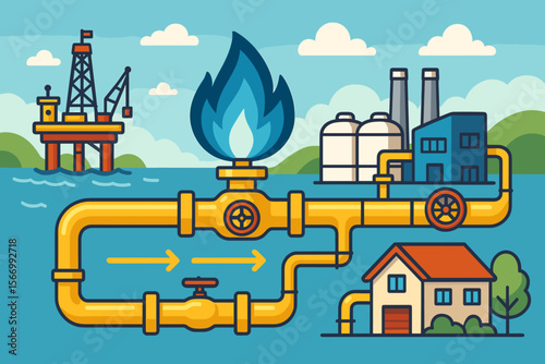 Gas pipeline infrastructure for efficient energy distribution. Concept of natural gas transportation from offshore extraction platform to processing factory and residential home supply.