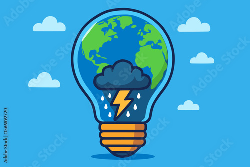 Earth globe and storm in a light bulb. Climate change concept, global warming crisis. Environmental disaster, pollution, weather metaphor. Planet in danger flat cartoon vector.