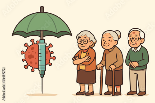 Elderly people waiting in line for COVID-19 vaccine. Syringe umbrella as a metaphor for health protection and immunity. Seniors queuing for coronavirus jab. Health care concept.