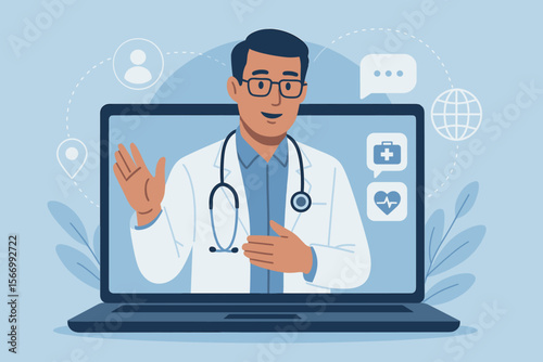 Doctor online giving a virtual medical consultation on a laptop. Telemedicine and telehealth concept for remote patient support. Professional physician providing healthcare advice online.