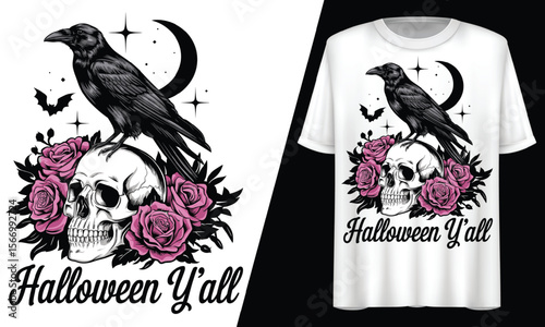 Halloween Y’all, Skull With Raven Moon, Roses Southern,  T-Shirt Design.