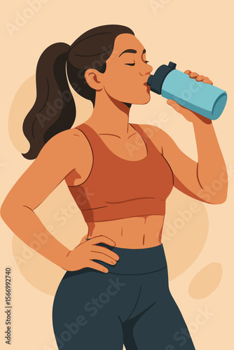 Athletic woman in sportswear drinking from a water bottle. Concept of hydration, healthy lifestyle, wellness, and fitness. Fit girl resting after a workout or gym training exercise.