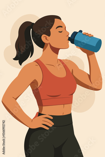 Fit woman drinking water from a bottle after a workout. Thirsty athletic girl in sportswear hydrating at the gym. Concept of fitness, healthy lifestyle, and wellness. Flat vector illustration.