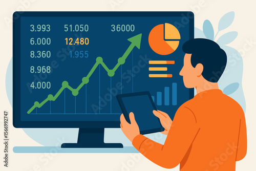 Financial data analysis vector illustration. Investor or trader watches stock market charts on a computer monitor. Business investment growth, economy, and profit gain concept.