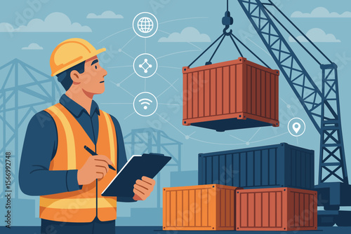 Foreman managing shipping container loading at a cargo port with a crane. Concept of global logistics, supply chain management, import export business, and distribution network with IoT.