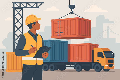 Logistics manager supervising crane loading shipping containers at a port. Foreman checking cargo freight. Supply chain management, global transportation, import and export industry concept.