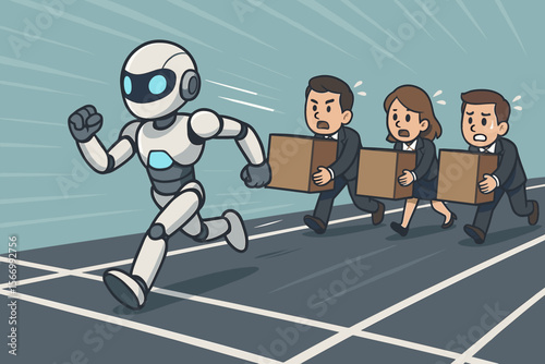 AI robot leading a race against humans. Businesspeople struggle with heavy boxes. Concept for automation, future of work, technological disruption, efficiency, and business competition.