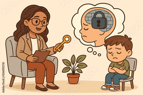 Female psychologist helping a sad boy unlock mental barriers in a therapy session. Child psychology concept with a key metaphor for mental health, emotional support, and counseling.