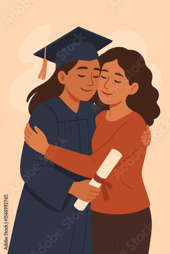 Graduate daughter in cap and gown hugging her proud mother. Happy family celebrating university graduation ceremony. Student holding diploma. Education achievement vector illustration.