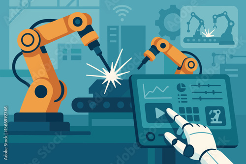 Robotic Hand Operating Touchscreen Control Panel in Smart Factory, Overseeing Automated Welding Robot Arms, Industrial Automation, Robotics, Digital Manufacturing, Industry 4.0 Technology Concept