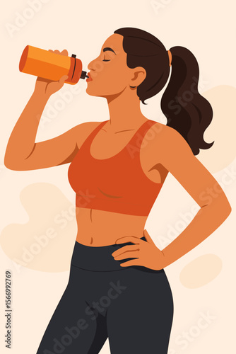 Fit woman in sportswear drinking water from a bottle after workout. Athletic girl hydrating during exercise. Healthy lifestyle, fitness, wellness concept. Modern flat vector illustration.