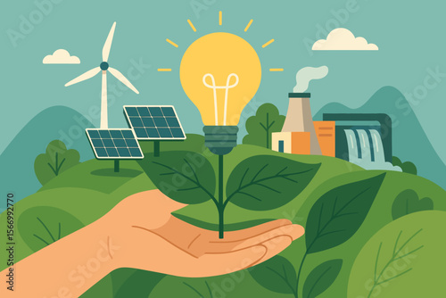 Sustainable Energy Concept Hand Holding Light Bulb Growing from Leaf with Solar Panels, Wind Turbine, Hydropower, Eco Friendly Renewable Resources, Green Technology, Environmental Protection