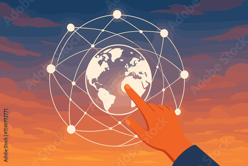 Hand Touching Global Network Connection, Data Exchange, Digital Communication, Internet Technology, Telecommunication, Earth Globe, Connectivity, Modern Vector Illustration, Sunset Sky