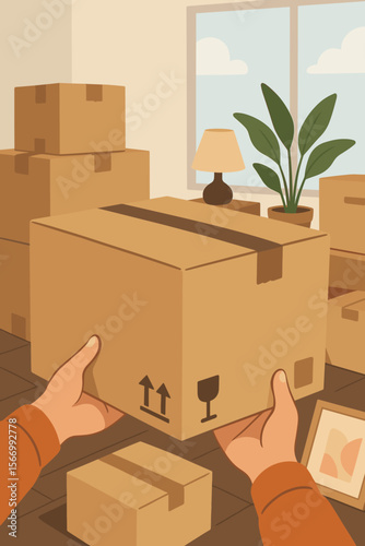 Moving day concept with hands holding cardboard box, packing, relocation, unpacking, new home interior, houseplant, lamp, window, modern flat vector illustration, teamwork, delivery service