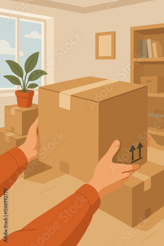 Hands holding cardboard box moving relocation. Home moving day concept. Packing, unpacking boxes in new apartment. Modern flat vector illustration. Delivery, shipping, transportation, moving service