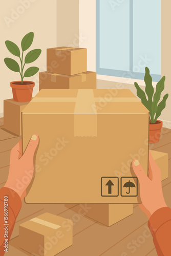 Moving day concept illustration. Hands holding cardboard box. Packing, relocation, unpacking process in new home interior with houseplants, window, stacked boxes. Modern flat vector design