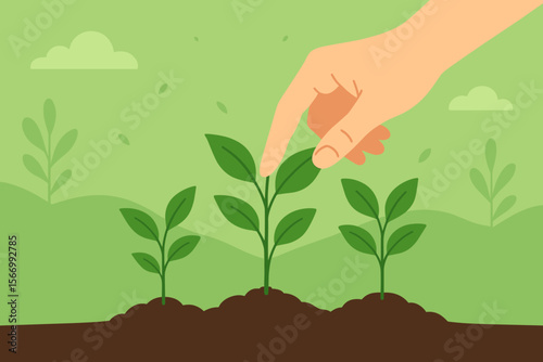 Hand Touching Young Green Plants Growing in Soil, Nature Landscape Background, Earth Day, New Life, Growth, Ecology, Sustainability, Business Progress, Financial Investment Concept Vector