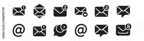 Email icons, envelope symbols vector set, notification alerts, and @ symbols in black and white, representing communication, inbox, and digital messaging, ideal for websites, apps, and email marketing