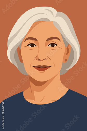 Elegant mature woman portrait. Senior lady with white hair, flawless skin, confident smile. Modern flat vector cartoon illustration. Aging gracefully, beauty, wisdom, self-assurance, healthy lifestyle
