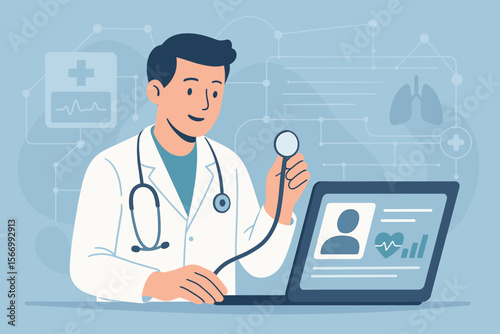 Telemedicine doctor analyzing and diagnosing patient health online, digital medical consultation, stethoscope in hand, virtual healthcare interface, electronic health records, remote testing results