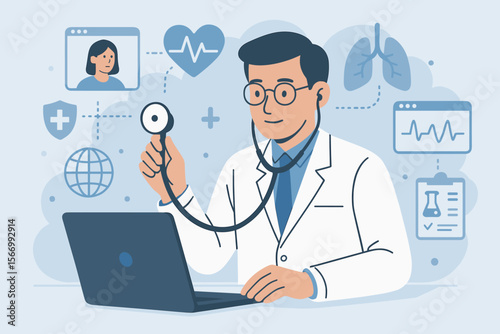 Telemedicine doctor consulting patient online with stethoscope, digital health analysis, diagnosis, medical test results, virtual healthcare interface, remote monitoring, online medical consultation