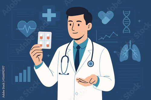 Medical doctor holding blister pack of pills, digital healthcare technology, telemedicine consultation, virtual health analysis, modern science, stethoscope, futuristic medical interface