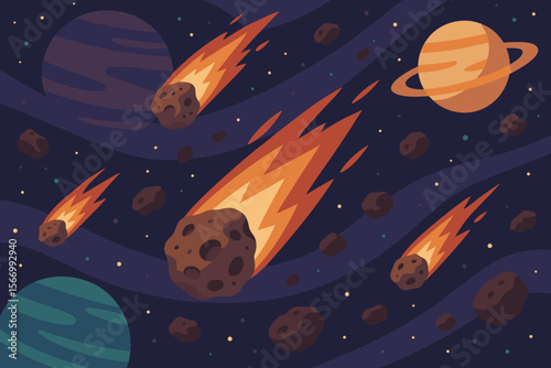 Fiery meteorites and asteroids flying through deep space with colorful planets, cosmic stars, burning comets, asteroid belt, distant solar system, modern flat vector cartoon illustration