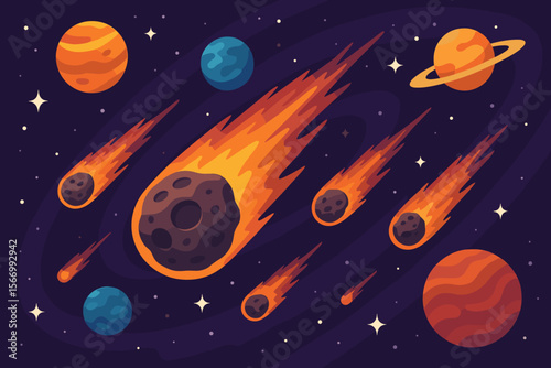 Fiery Meteorites and Asteroids Flying Through Deep Outer Space with Colorful Planets, Stars, Cosmic Background, Modern Flat Cartoon Vector Illustration, Astronomy, Universe, Solar System Concept