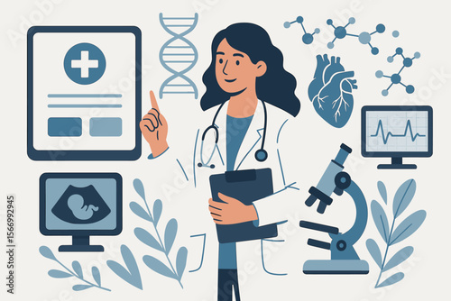 Female doctor with stethoscope surrounded by modern medical technology, DNA, heart, ultrasound, microscope, molecular structure, digital health innovation, flat vector illustration