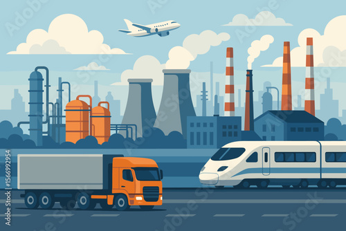 Modern industrial cityscape with factories, smokestacks, power plants, chemical tanks, freight truck, high-speed train, airplane, transportation infrastructure, pollution, urban industry concept