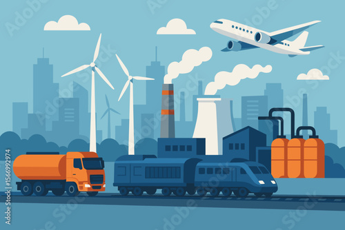 Modern Industry and Transportation Concept. City Skyline with Factories, Power Plant, Wind Turbines, Airplane, Cargo Truck, High-Speed Train, Pollution, Renewable Energy, Urban Infrastructure