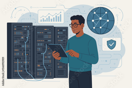 Network engineer managing data center servers with tablet, cloud storage systems, global network connectivity, cybersecurity, data analysis, IT research, digital infrastructure, secure technology