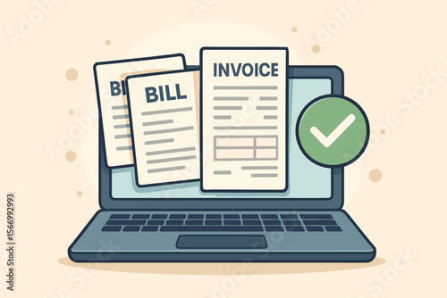 Digital invoice and bill payment confirmation on laptop. Online billing, electronic invoicing, paperless finance management, secure transaction, e-payment approval, accounting concept illustration