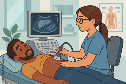 Liver ultrasound examination patient lying on hospital bed, medical technician using sonography device, abdominal diagnostic imaging, modern healthcare clinic, cartoon vector illustration