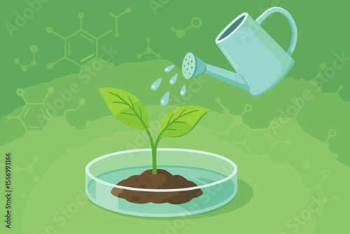 Watering Young Plant in Petri Dish, Biology Laboratory Science Concept, Biochemistry Structure, Genetic Engineering, Botanical Research, Green Growth, Modern Flat Vector Illustration