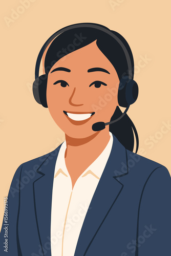 Friendly female customer service representative with headset smiling, professional call center support agent, modern flat vector illustration, business communication, corporate help desk concept