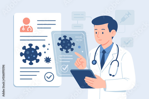 Doctor Analyzing Coronavirus COVID-19 Test Results on Digital Tablet with Medical Report, Virus Diagnosis, Electronic Health Record, Disease Screening, Healthcare Technology Concept Illustration