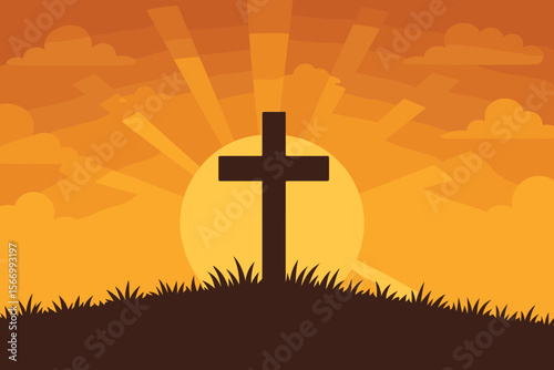Silhouette of Christian Cross on Grass Hill with Radiant Sunrise Background, Spiritual Religious Symbol, Hope and Faith Concept, Modern Flat Vector Illustration