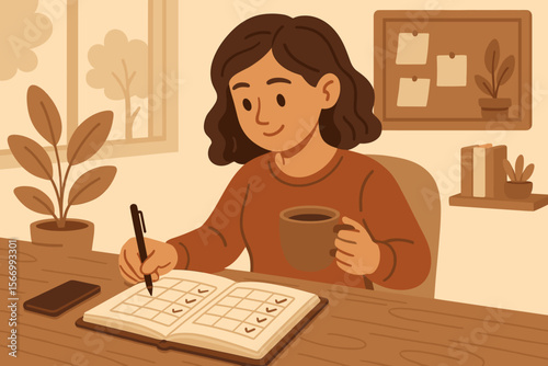 Cozy home office productivity scene. Woman planning daily schedule in planner with coffee. Organized workspace, indoor plants, calendar, books, morning routine, time management vector illustration.