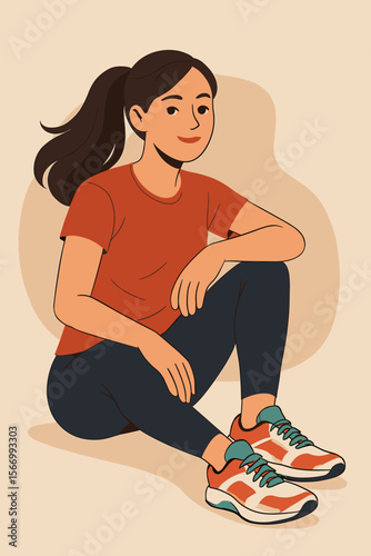 Modern flat vector illustration of sporty woman sitting in casual athletic outfit, wearing colorful sneakers, active lifestyle, fitness, healthy living, leisure activity, outdoor exercise concept