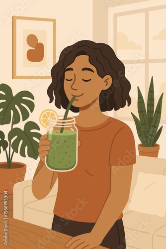 Young woman enjoying healthy green smoothie detox drink at home, modern flat vector illustration, cozy indoor scene with houseplants, wellness lifestyle, nutrition, self care, morning routine