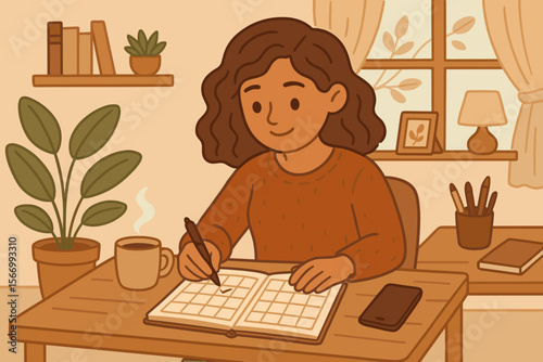 Woman planning daily schedule in cozy home office with planner, coffee, smartphone, indoor plants, books, and warm decor. Productivity, organization, remote work, self-care, vector illustration