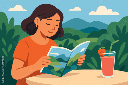 Woman relaxing outdoors reading travel magazine at table with strawberry smoothie, summer nature landscape, leisure activity, modern flat vector illustration, vacation lifestyle concept