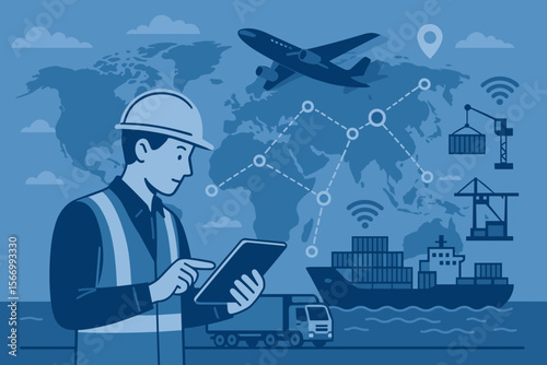 Logistics manager using tablet for smart supply chain management, global import export, cargo ship, container transport, air freight, network distribution, intelligent transportation system