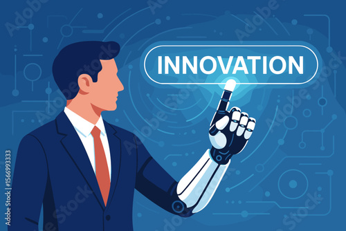 Businessman with a mechanical robotic arm touching the word innovation on a virtual screen interface. Artificial intelligence, futuristic technology, and business progress concept.