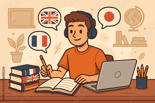 Young man learning multiple languages at desk with books, laptop, headphones, speech bubbles with flags, international education, language study, online course, multicultural classroom vector