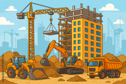Construction Site with Tower Crane, Excavator, Bulldozer, Dump Truck, High-Rise Building, Urban Development, Heavy Machinery, Industrial Equipment, Cityscape, Cartoon Vector Illustration