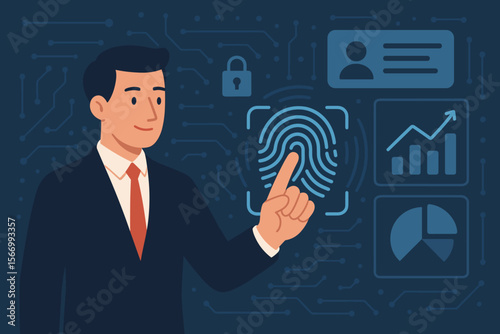 Biometric security concept. Businessman touching fingerprint scanner for identity authentication. Secure data access, cybersecurity, network protection, and user ID on a futuristic dashboard.