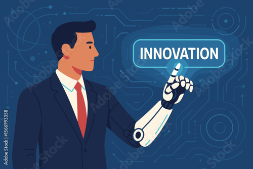 Businessman with mechanical robotic arm touching innovation button on virtual interface. Futuristic technology, AI, digital transformation, business automation, and cyborg concept.