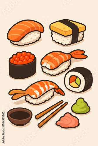 Cartoon sushi set vector illustration. Collection of cute Japanese food icons. Nigiri, maki, salmon, shrimp, tamago, ikura, wasabi, ginger, and soy sauce for an Asian menu.